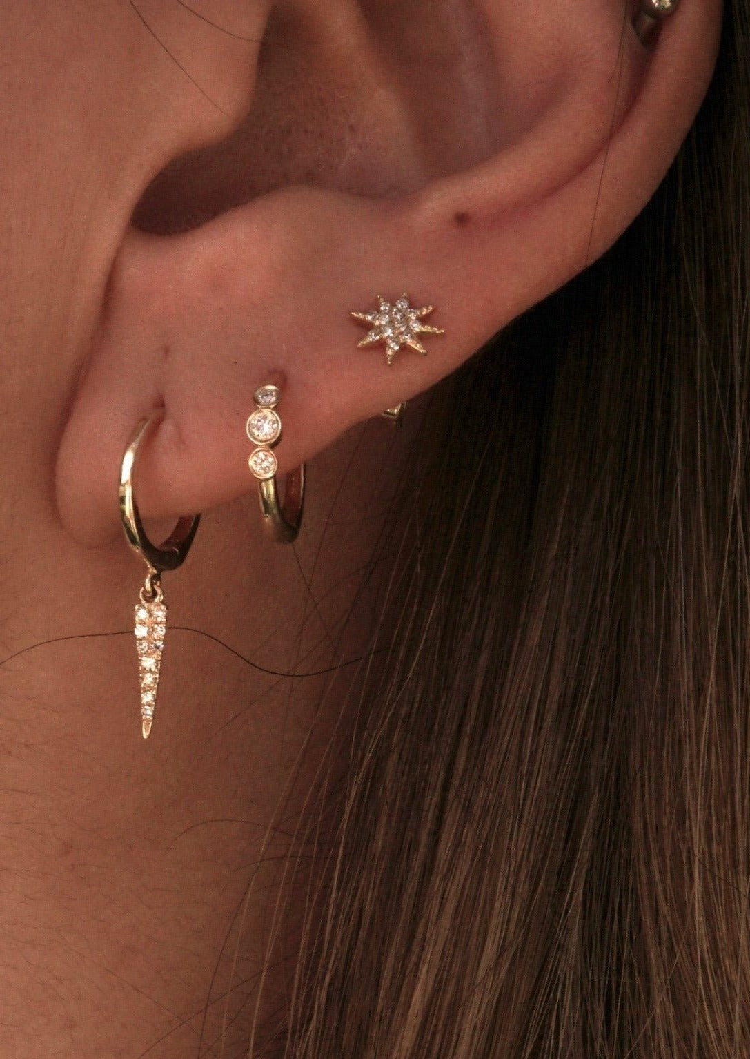 14k Gold 3 Bezel Diamond Huggie Earring